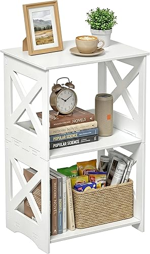 Miniatura 9 de BYFU Juego de 2 mesas auxiliares de 3 niveles, mesa auxiliar estrecha con estante de almacenamiento, mesita de noche blanca, mesita de noche,