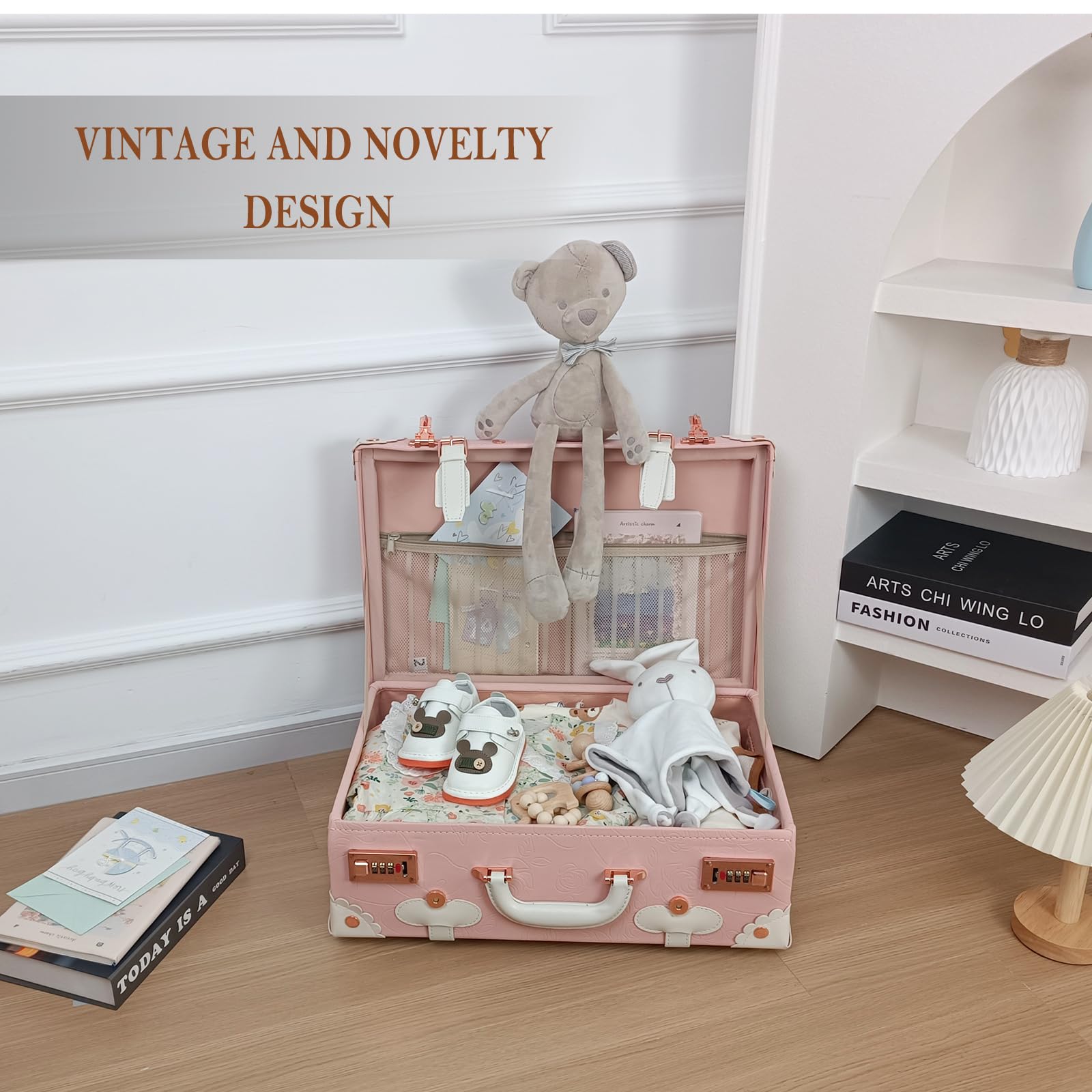 Unitravel Erinnerungskoffer Baby, Vintage Handgefertigte Erinnerungsbox als Geschenkidee für Mädchen (Geprägtes Rosa, 18 Zoll)