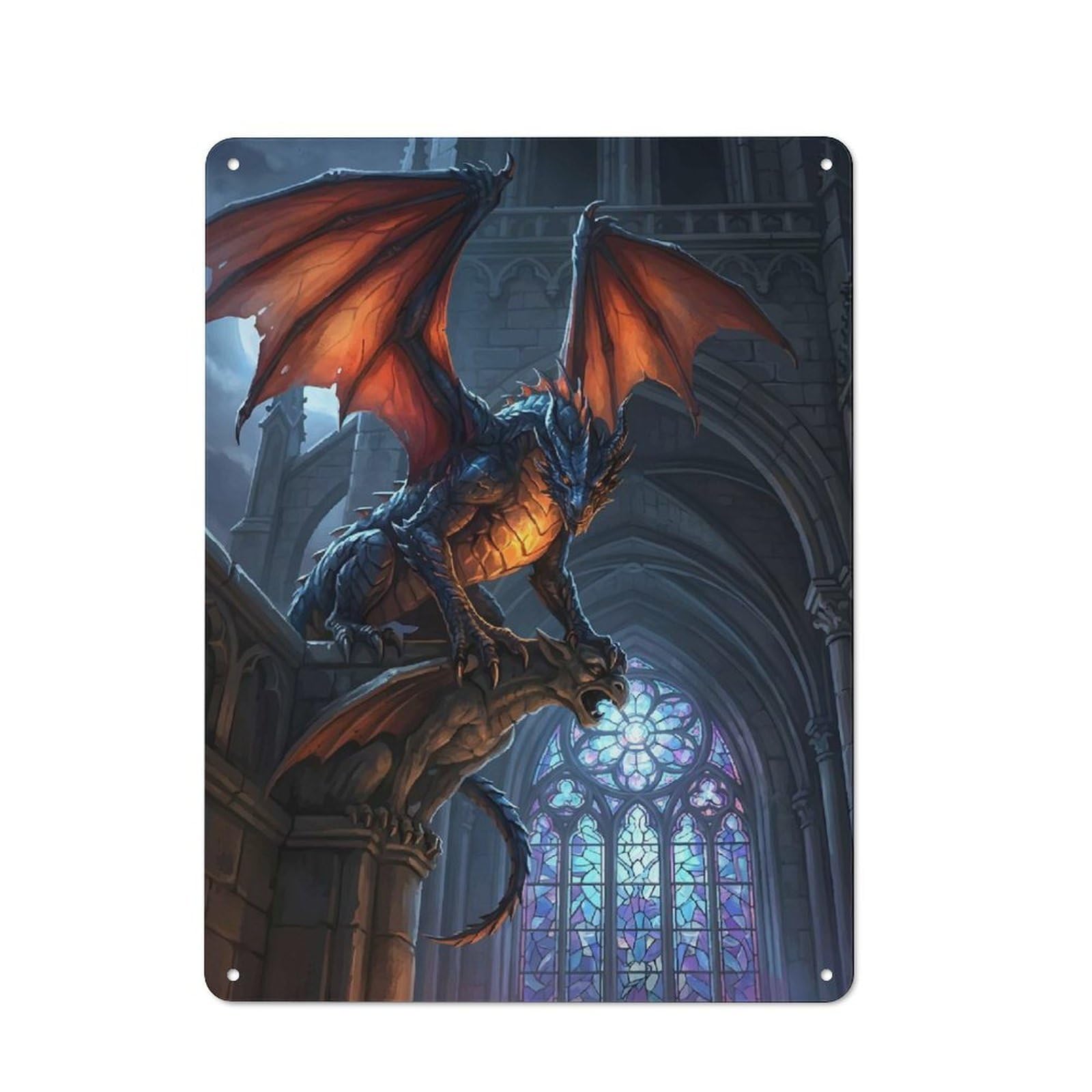 Junmoney Style-11 Rustic Metal Sign 40X30cm Featuring Dragon Perched On Gargoyle In Cathedral For Hallway Wall, A Decorative Gift For A Newly Furnished Hallway
