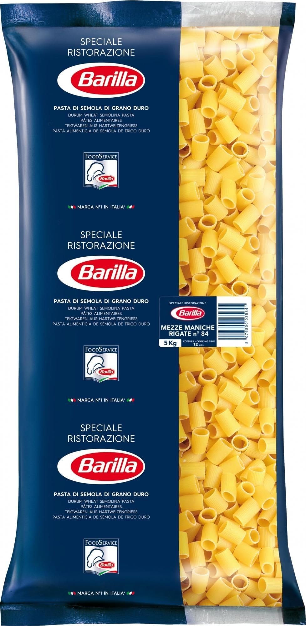 Italian Gourmet Mezze Maniche Rigate pasta Profi Röhrennudeln XL 5 x 5kg | Aus Hartweizengrieß, formato corto cavo; Vorrat für Küche, Großhandel und, Gesamtnettogewicht 25 kg + Kostenlos Polpa 400g