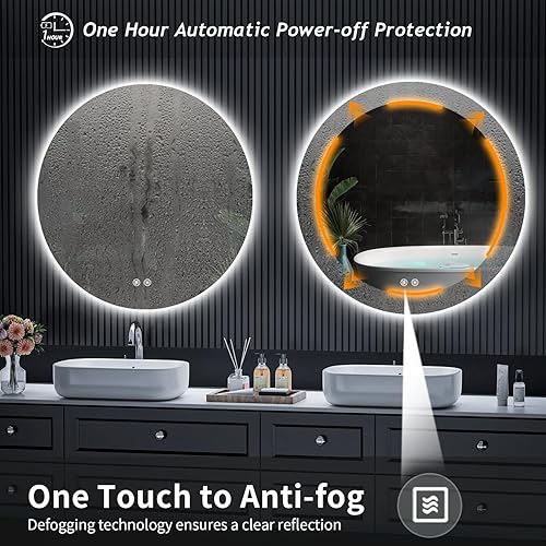 Miniatura 5 de Espejo de baño redondo LED, retroiluminado de 36 pulgadas, espejo de baño montado en la pared con luces, espejo de tocador sin marco con 3 luces de