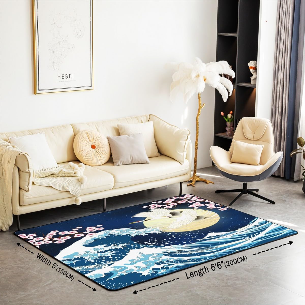 Feelyou Japanese Wave Area Rug 3x5 Kids Cherry Blossoms Decorative Rug for Boys Girls Teens Hokusai Pattern Home Decor Living Room Rugs Japanese Style Indoor Floor Mat