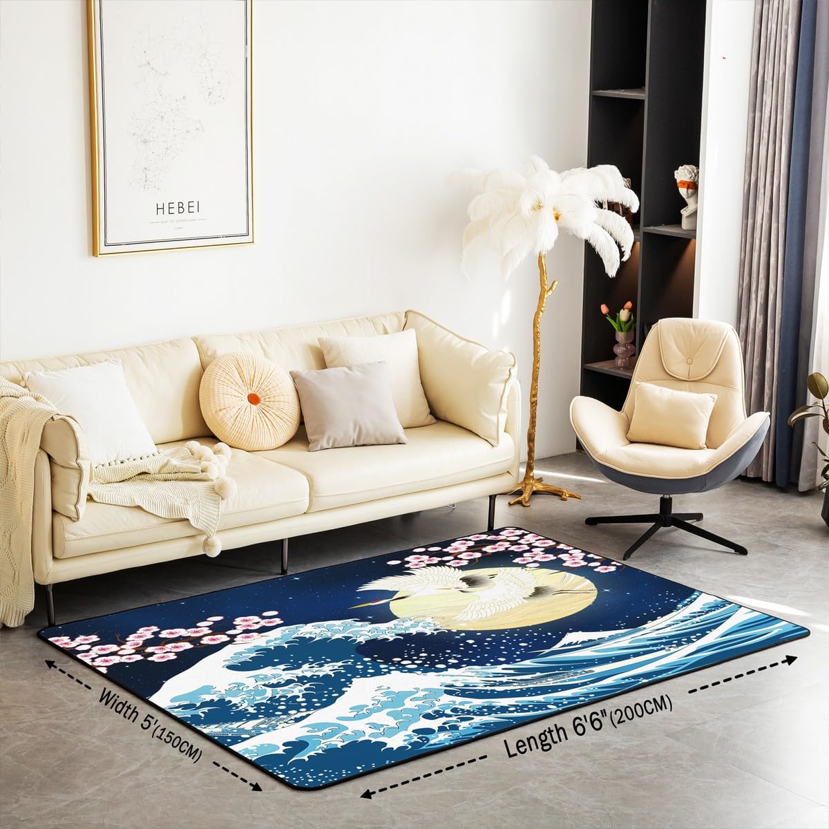 Homemissing Tapis décoratif à motif de vagues japonaises pour enfants, garçons, filles, adolescents, motif Hokusai, décoration d'intérieur, salon, tapis de sol d'intérieur de style japonais, 100 x 150