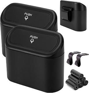 Mini Car Trash Can with Lid, 2pc Small Car Trash Bin, Car Accessories for Interior, Cute Leakproof Car Garbage Bin for Car, Home, Office with Additional 2 Hooks and 90pcs Trash Bags Black