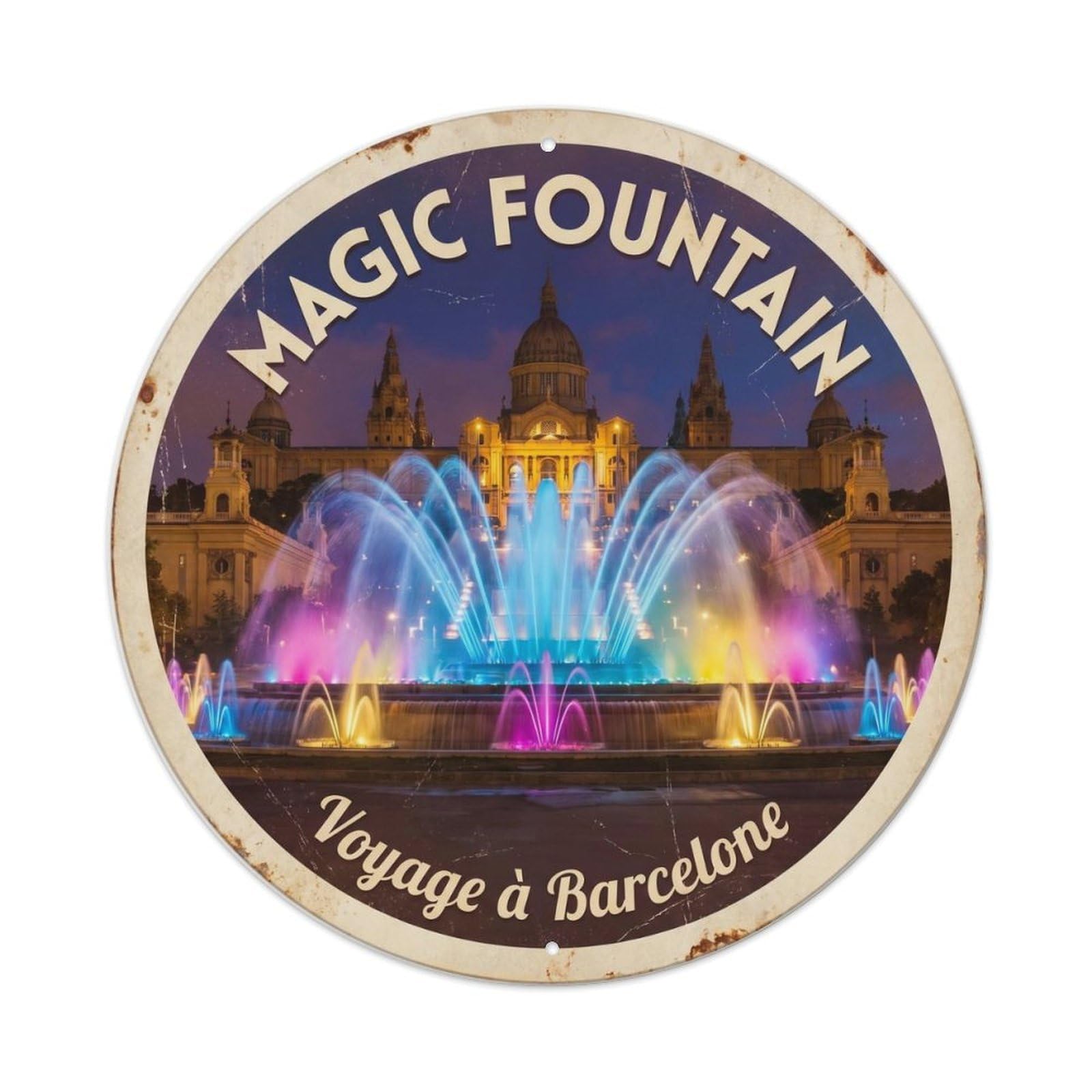 Barcelona Magic Fountain Vintage Travel Night Landmark Metal Tin Sign Plaque Wall Decor for Cafe, Man Cave, Club Bar, Office, Home Garden Round Metal Poster 8x8Inch