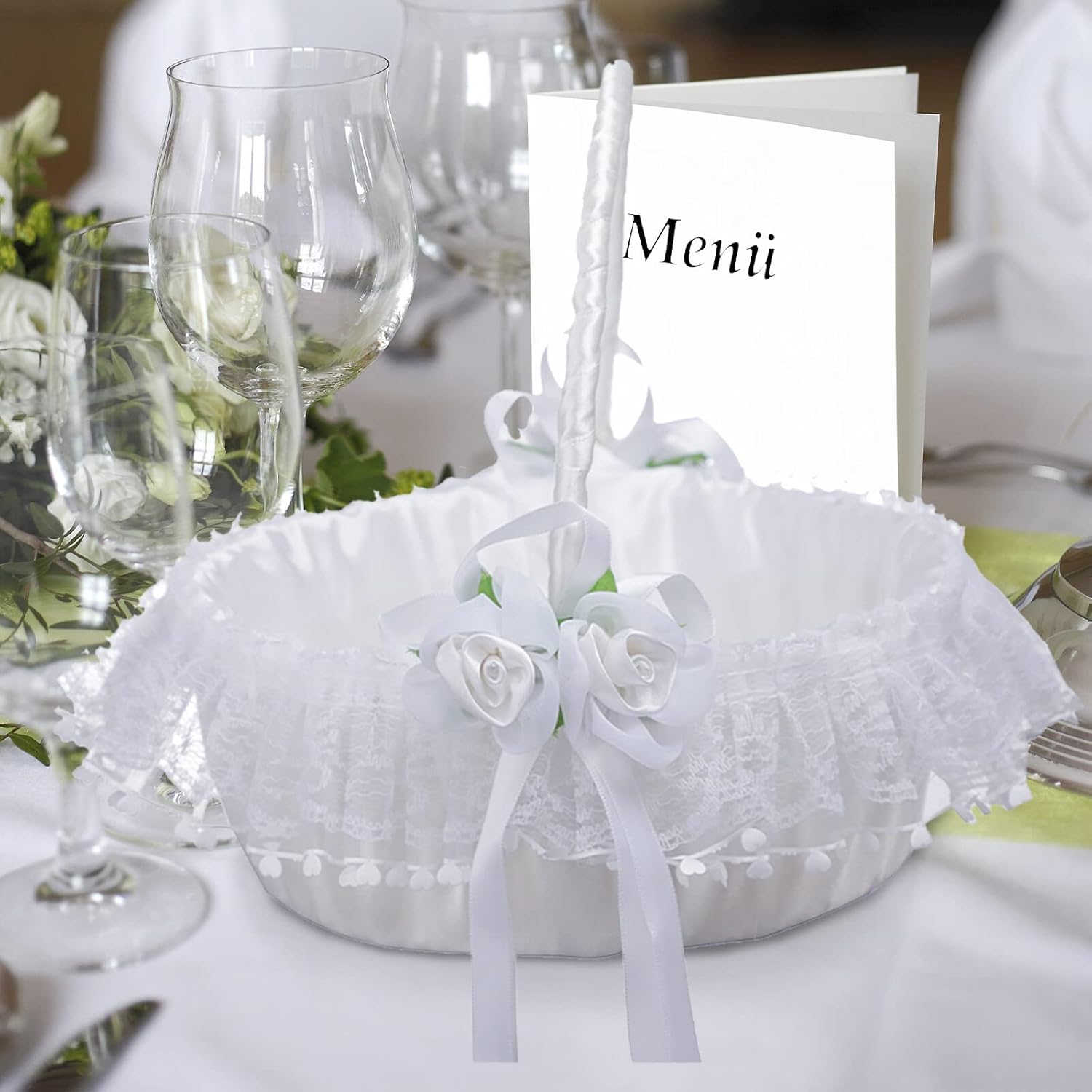 IUIBMI White Wedding Flower Girl Baskets Set of 2 with Swingable Handle, Lace and Artificial Flowers, Satin Bowknot Fairy Flower Baskets, Large Wedding Baskets for Flower Girls Wedding Ceremony, 2pcs