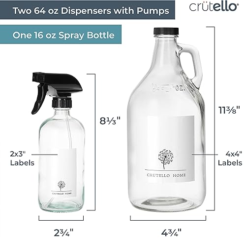 Miniatura 2 de Crutello Juego de 3 dispensadores de detergente de vidrio para ropa de 64 onzas y 16 onzas para detergente líquido, blanqueador, dispensador de