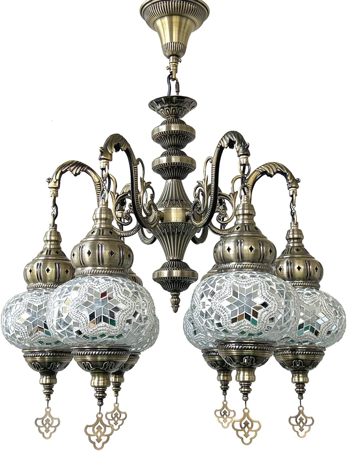 Turkish Mosaic Chandelier with 6 Globes, Moroccan Bohemian Pendant Lights Fixtures Handmade Colorful Glass Decor Hanging Ceiling Lights for Restaurant Cafe Living Room Bedroom,C