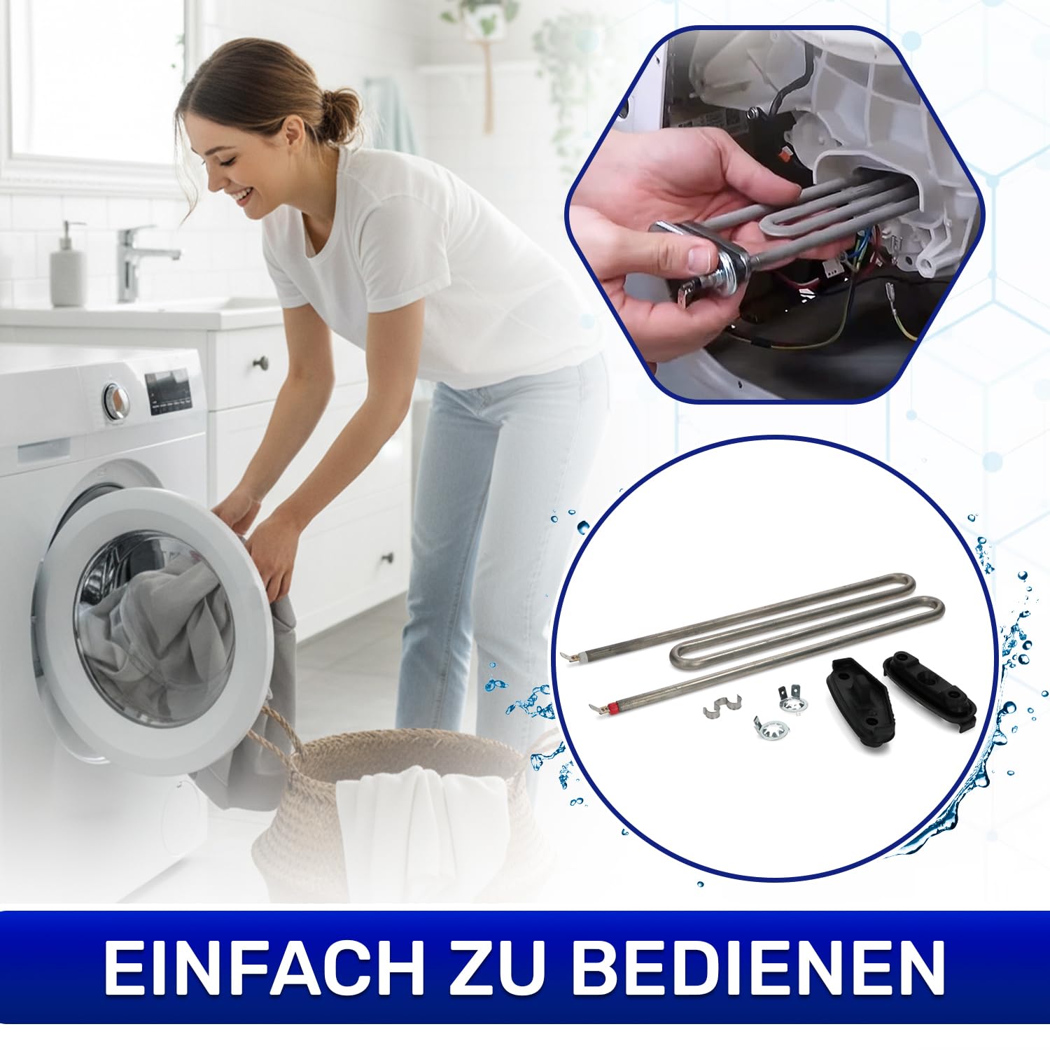 MONTERAL Heizstab Waschmaschine 2100W 230V ohne Flansch mit Dichtungen mit Originalcode 6260485 6260482 6260483 für Miele - Garantie 10 Jahre