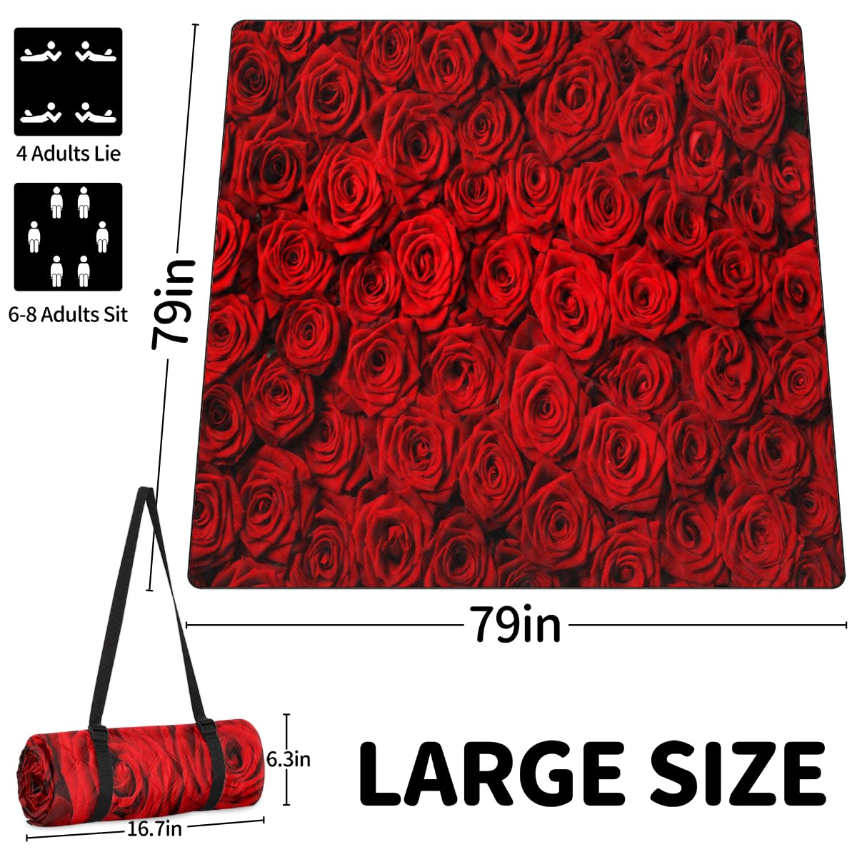 Shimoshe Extra Large Picnic Blankets 79”x 79”, Red Roses Waterproof Foldable Picnic Mat with Straps Portable Beach Blanket for Camping Park Grass Beach Indoor