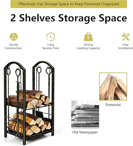 Miniatura 6 de Tangkula Estante para leña con 4 herramientas para chimenea, soporte para leña con herramientas de montaje para chimenea, incluye cepillo, pala,