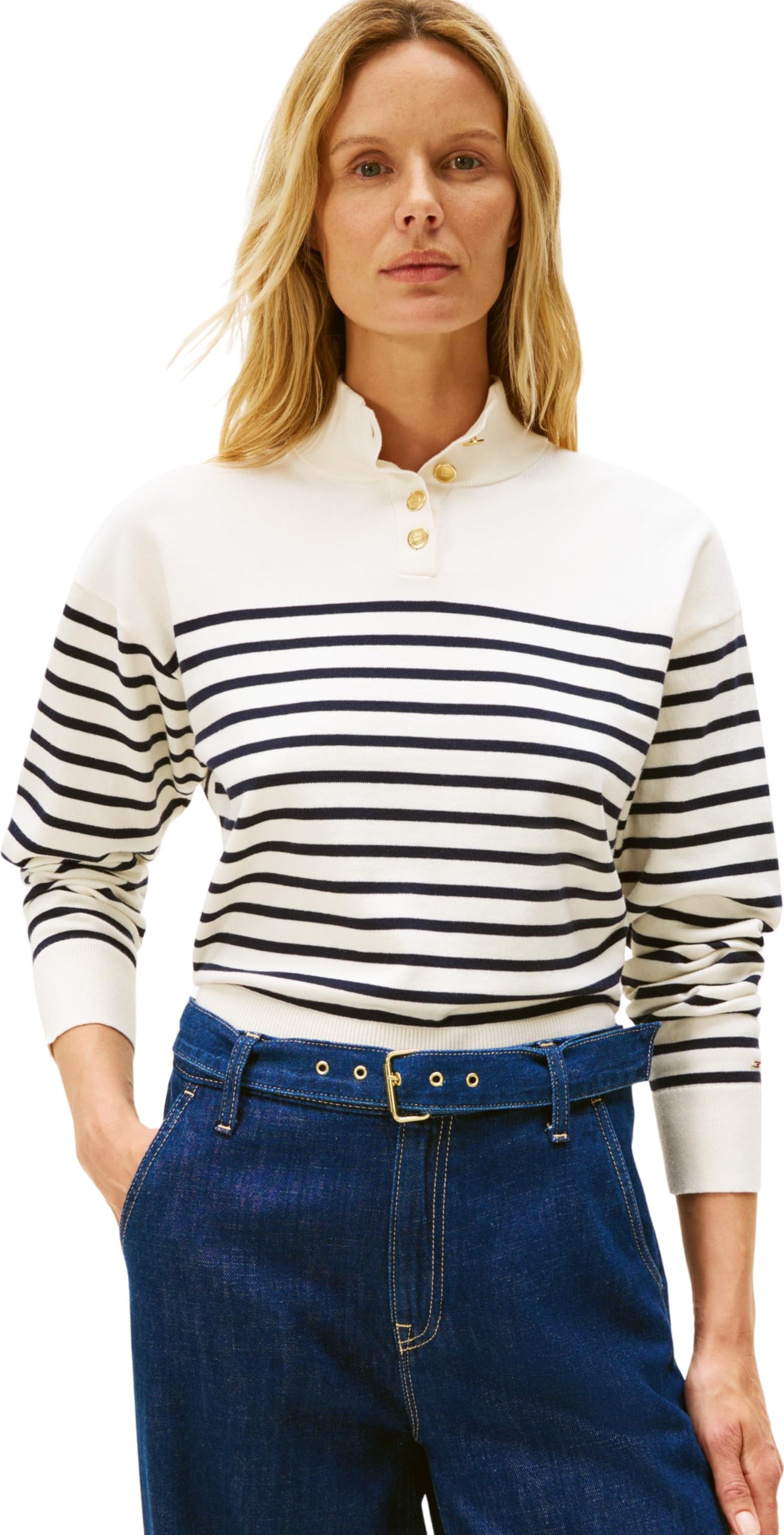 Tommy Hilfiger Women's Gold Button Crew Sweatshirt White Size 10 (S)