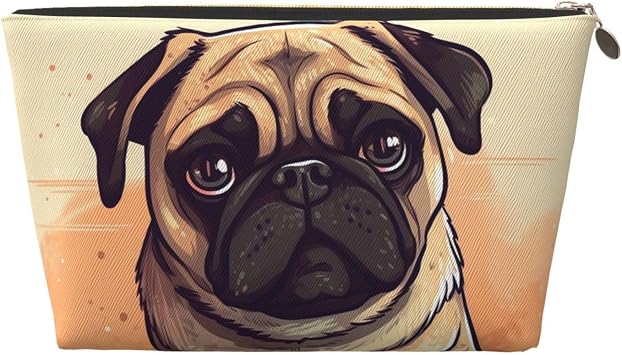 Leather Makeup Bag Travel Toiletry Bag Pug cartoon Cosmetic Bag Zipper Large Pencil Bag for Women Men