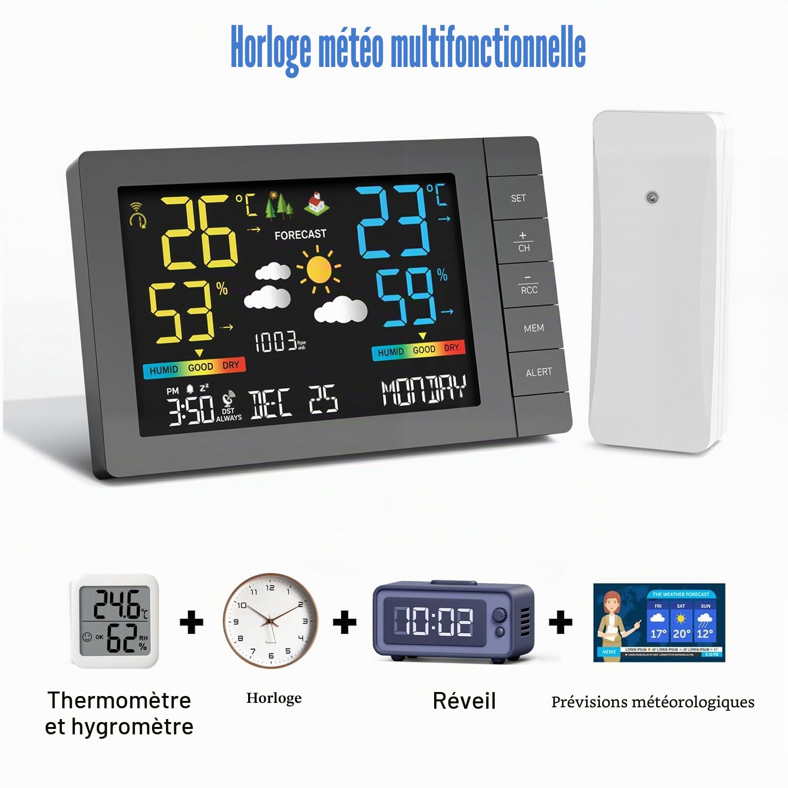 Station météo sans fil avec capteur extérieur, prévisions météorologiques, température, humidité, réveil, pression atmosphérique, distance de transmission de 100 m, station météo avec capteur