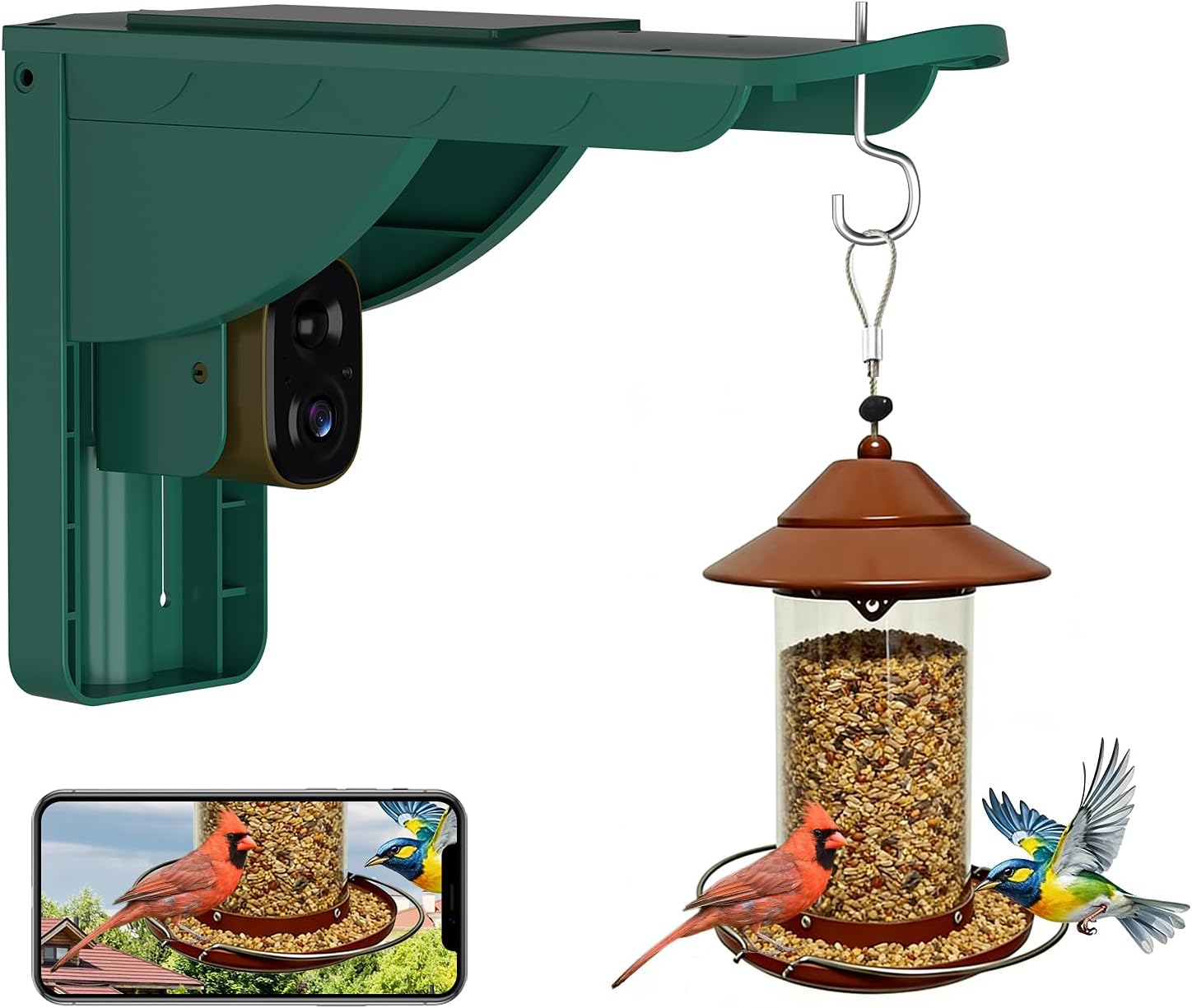 Bird Watching Camera with Solar & Roof, AI Identify, 2K HD Live View & Instant Notifications, Compatible with Any Birds Feeder - Ideal Gift for Bird Lover, with SD Card, Without Feeder