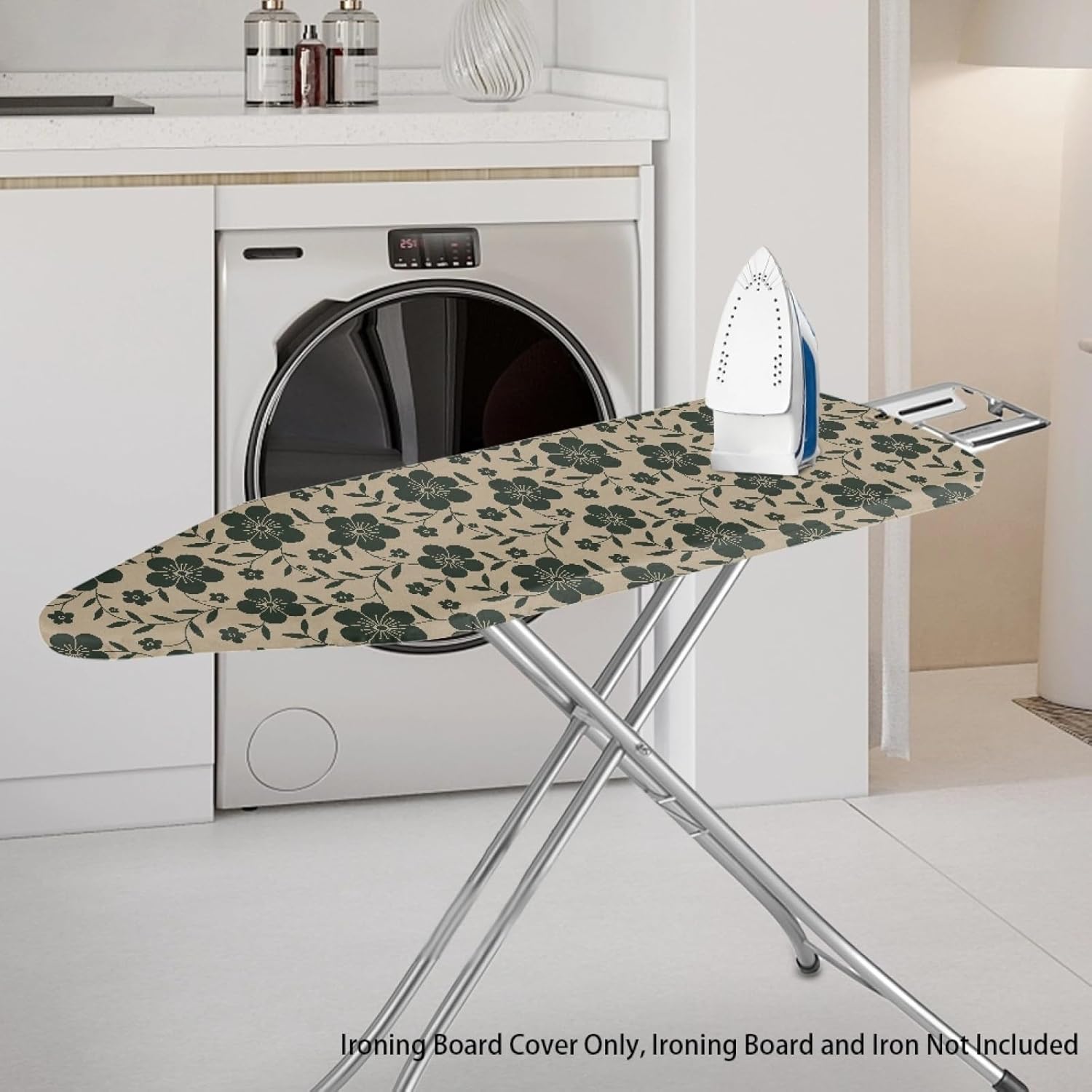 Flowers Ironing Board Cover,16"x55" Standard Ironing Board Cover with Elastic Edge and Hook and Loop Fasteners, Scorch & Stain Resistant, Polyester Home Ironing Board Covers, Cool Floral Doodle