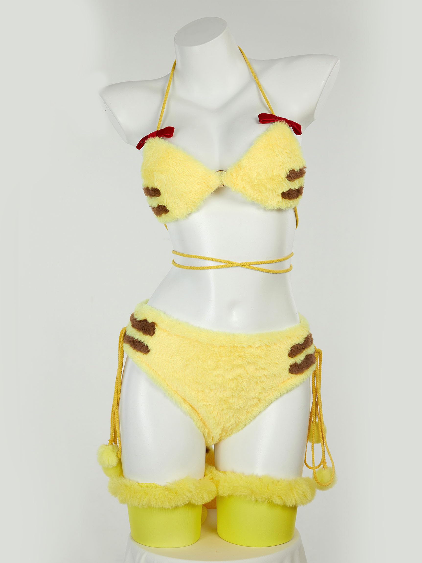 Mobbunny Anime Cosplay Lingerie Set for Women Yellow Plush Pajamas Homewear Furry Paw Gloves Hoodie Top and Bra Panty