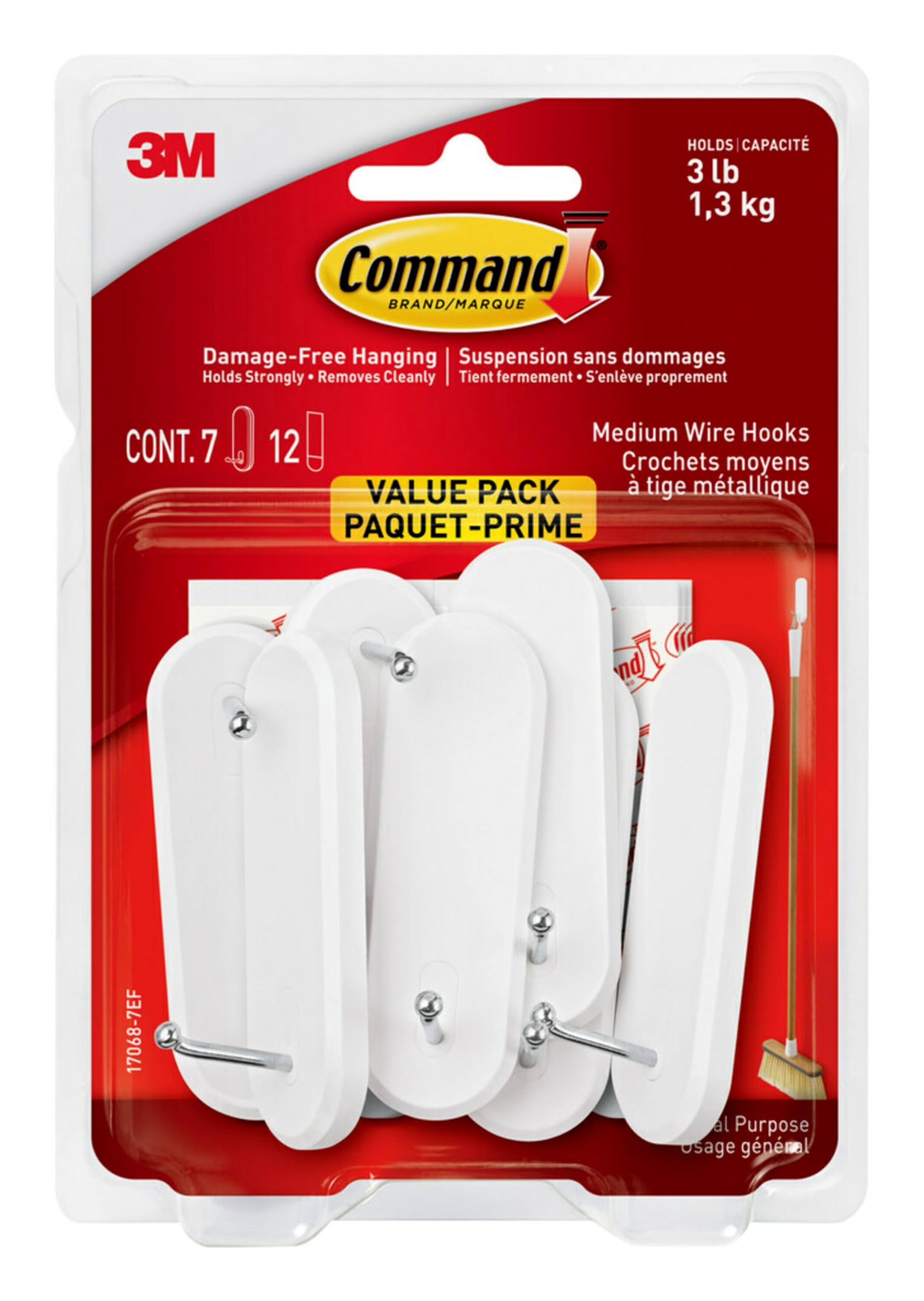Command Medium Wire Hooks, Damage Free Hanging Wall Hooks with Adhesive Strips, No Tools Wall Hooks for Hanging Decorations in Living Spaces, 7 White Hooks and 12 Command Strips