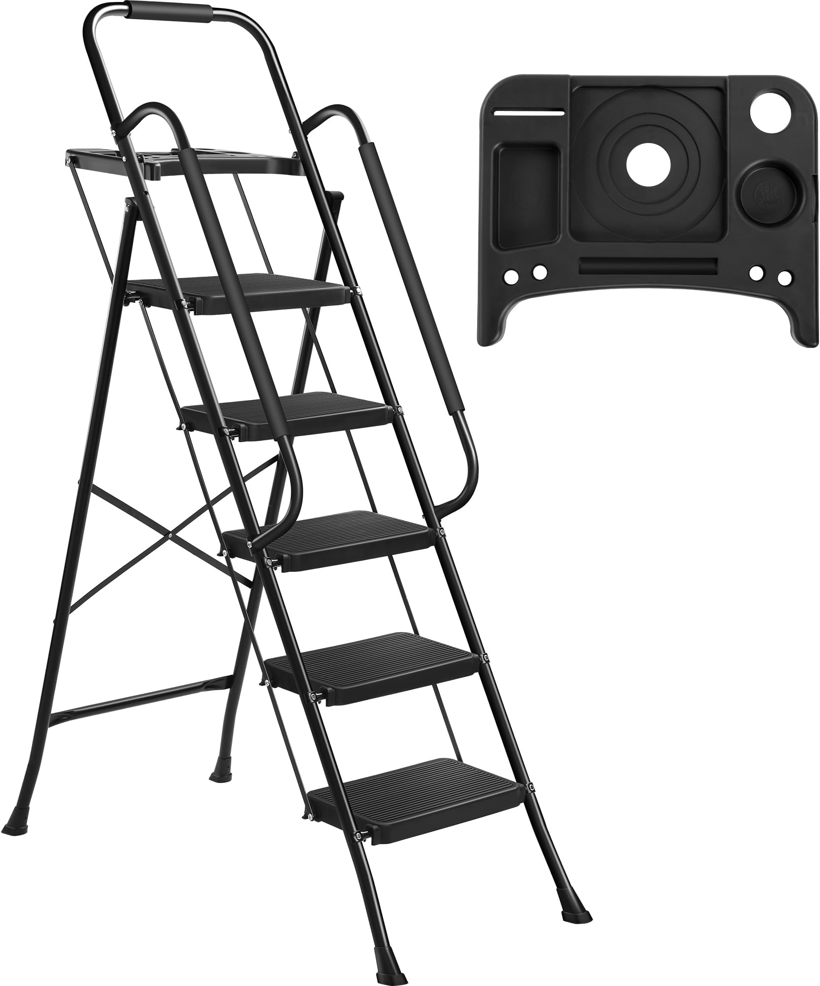 Rengue 5 Step Ladder with Handrails, Folding Ladder Step Stool with Tool Platform,Foldable Step Ladder for Kitchen Library Office 330 LBS Capacity, Black, RG-SLR01