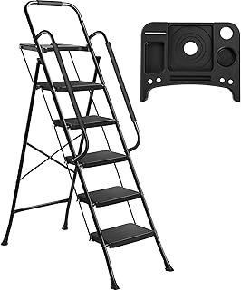 5 Step Ladder with Handrails, Folding Ladder Step Stool with Tool Platform,Foldable Step Ladder for Kitchen Library Office 330 LBS Capacity, Black