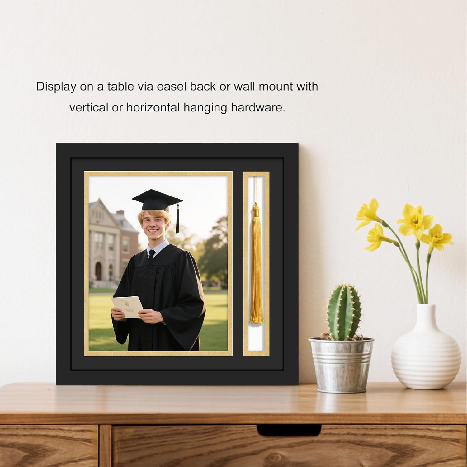Picrit Photo Frame with Tassel Holder for 8x10 Pictures with Tempered Glass, Class of 2025 Graduation Decoration Gift, Black over Gold Mat, Wall or Tabletop Display