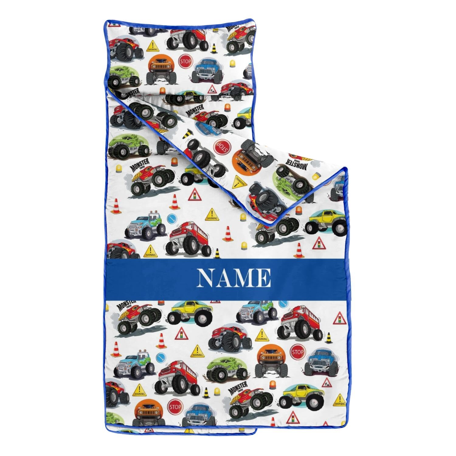 Personalized Toddler Kid Nap Mat with Name for Preschool Daycare, Customized Car Truck Kids Sleeping Bag with Pillow and Blanket for Boys, Slumber Bag Sleep Mat for Kindergarten