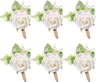 CIATBYYJ 6Pcs Ivory Rose Boutonniere for Men, Groom Groomsmen Best Man Artificial Flowers Boutonniere, for Wedding Ceremony Anniversary, Formal Dinner Party, Fall Vintage Rustic Marriage Prom (White)