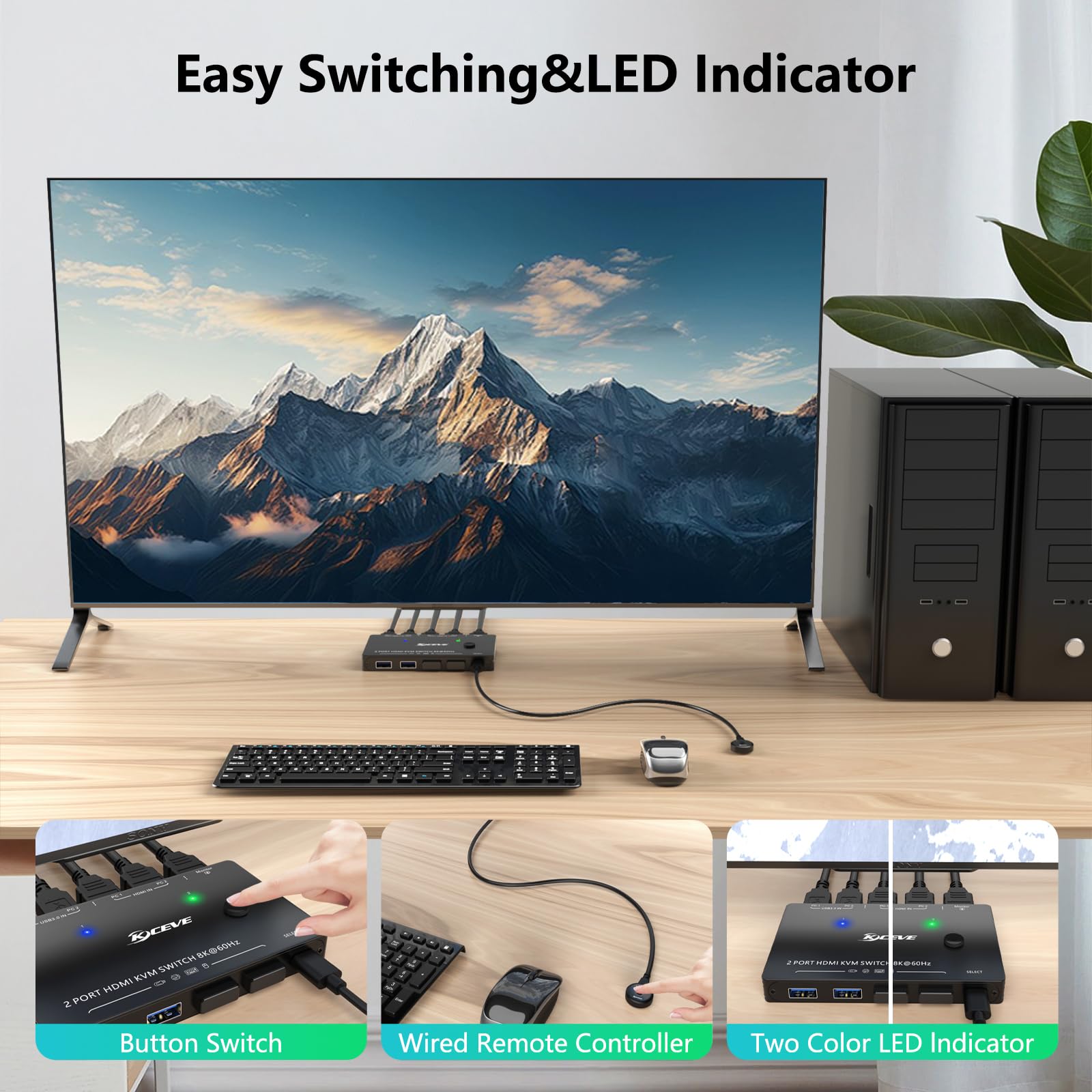 Przełącznik KVM 8K@60Hz 4K@120Hz, ESKEVE HDMI KVM Switch dla 2 komputerów dzielących 1 monitor i 3 urządzenia USB3.0, przewodowy pilot zdalnego sterowania i kabel USB w zestawie