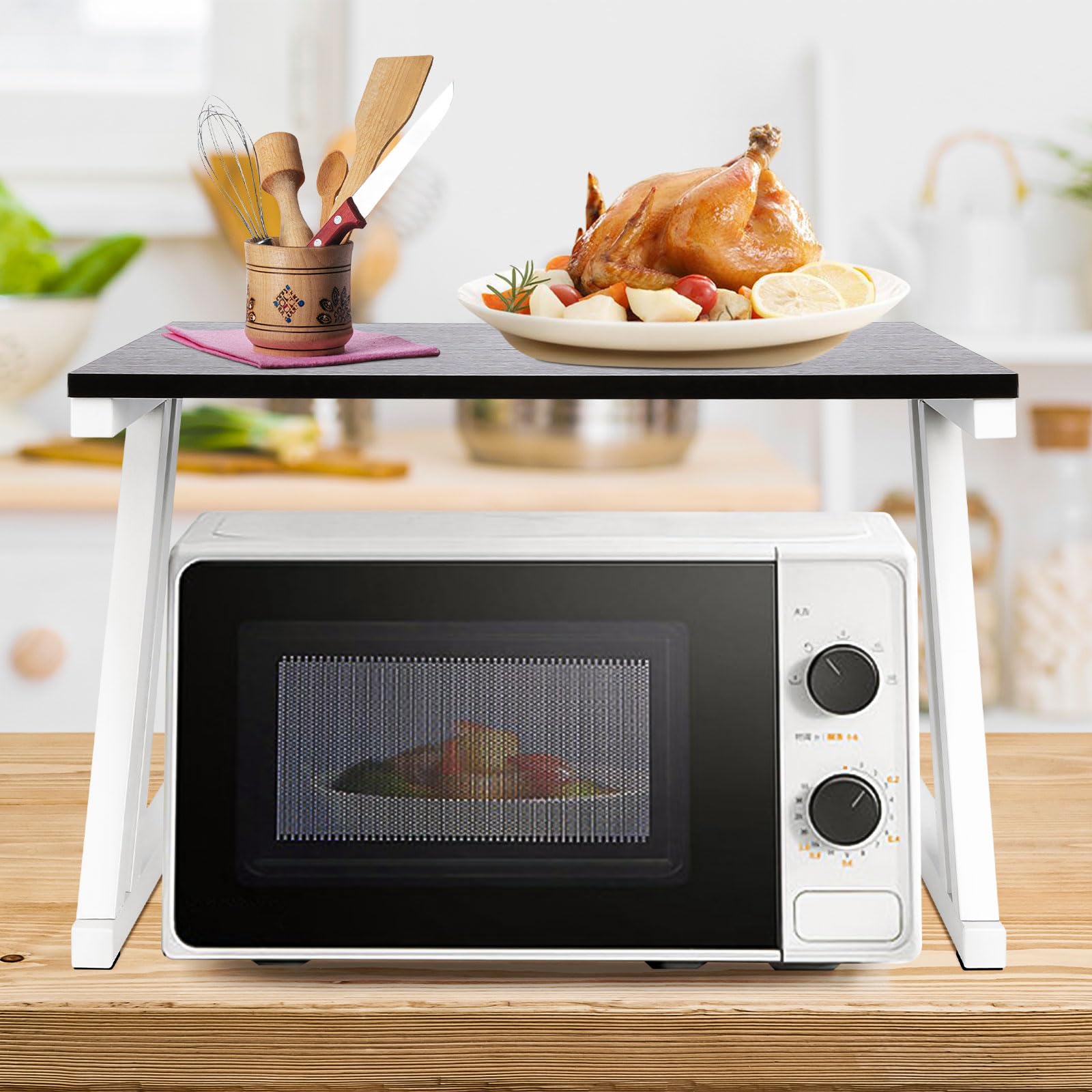 LANTUS Estante extensible para microondas con gancho, soporte para horno, parrilla, estante de encimera para microondas, encimera de cocina