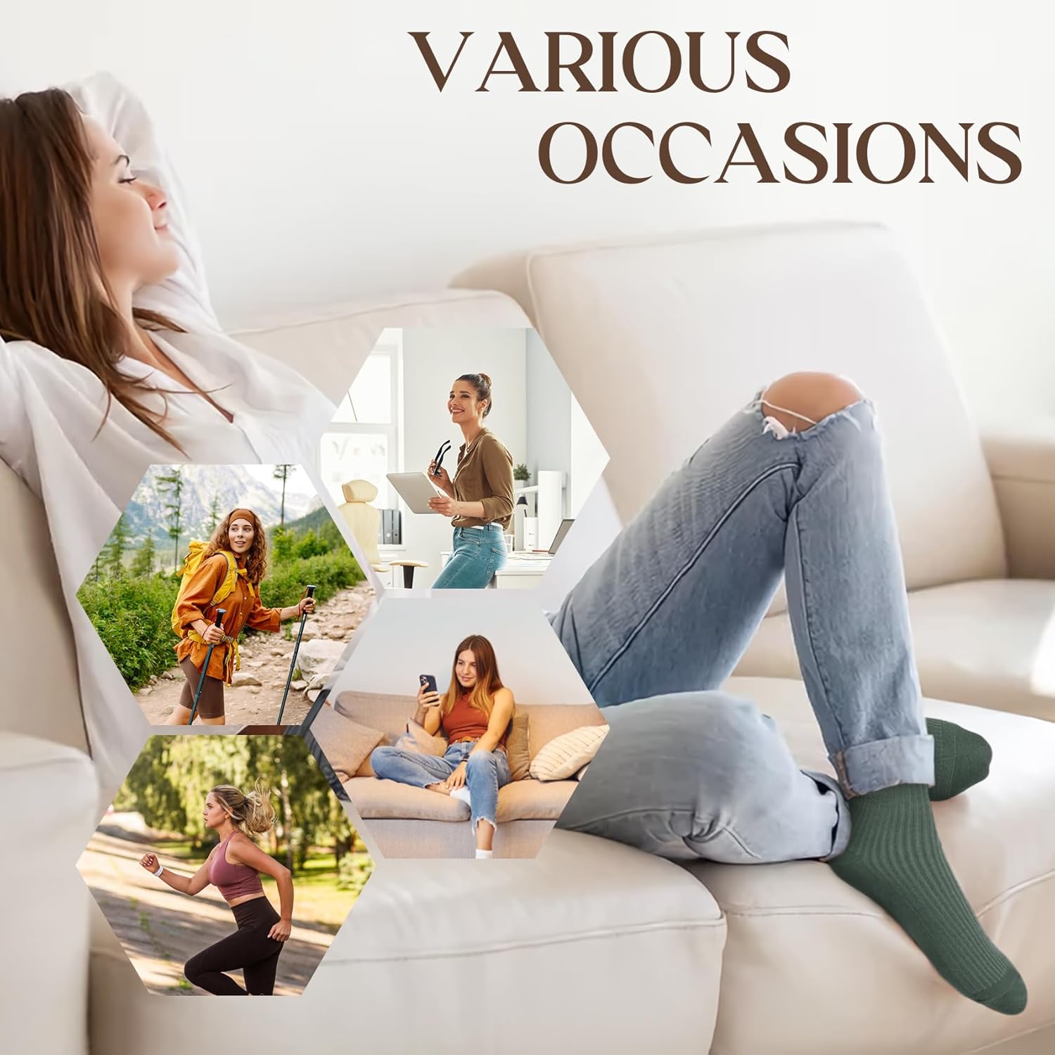 YSense Women's Cotton Crew Socks 6 Pairs, Long Cute Aesthetic Neutral Athletic Boot Socks for Women Stocking Stuffers Gifts - Image 7