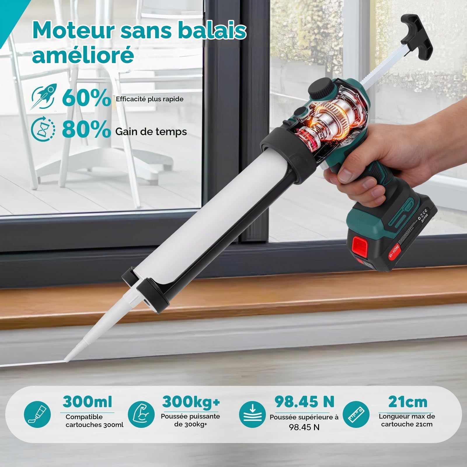 Pistolet à Silicone Électrique avec 2 x 2000 mAh Batterie, Pistolet à Cartouche sans Fil de 300 ml, Lumière LED, Compatible avec Ma@kita Batteries 18V pour l’Étanchéité, le Masticage