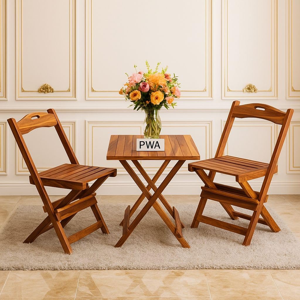 PANKAJ WOODEN ART Wooden Foldable 2 Chair and Square Table Patio Coffee Tea Dining Set for Garden, Balcony and Outdoor Indoor Terrace Picnic Furniture (Natural Brown)