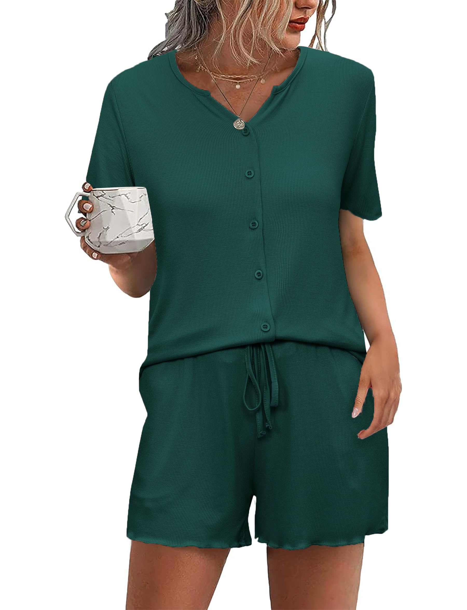 Demegimi Schlafanzug Damen Kurz Pyjama Baumwolle Sommer Shorty Nachtwäsche Kurzarm Schlafanzüge mit Knopfleiste S-XXL