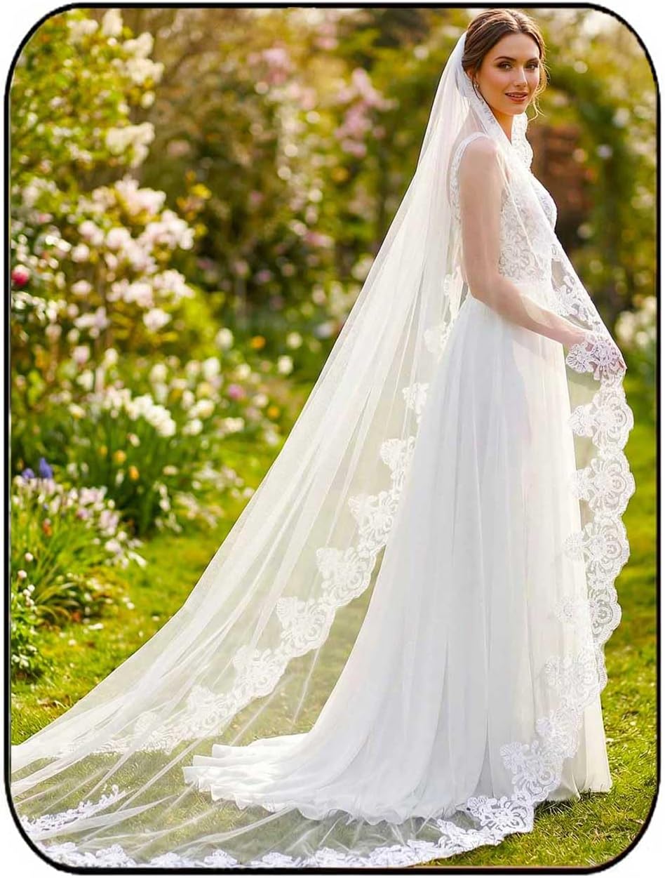 HEREAD Lace Bridal Veils Long Cathedral Chapel Length Bride Wedding Tulle Veil with Comb for Women