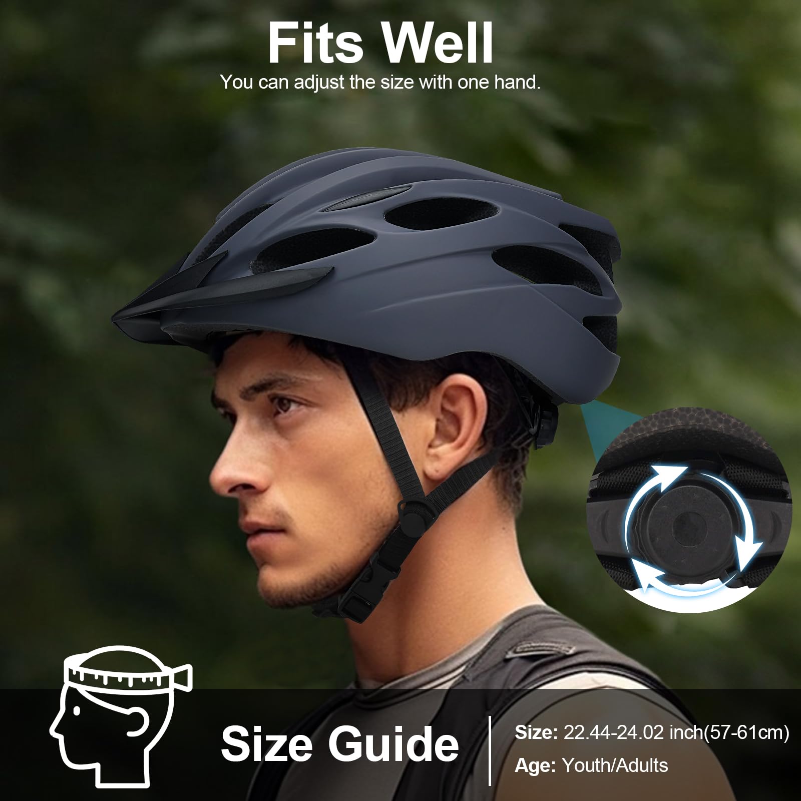 Casco Bici Adulti con LED Posteriore Leggero Traspirante per MTB e Strada | Regolazione a ghiera per 54-62 cm. Luce USB ricaricabile con 3 lampeggi. 21 prese d'aria. Imbottitura lavabile
