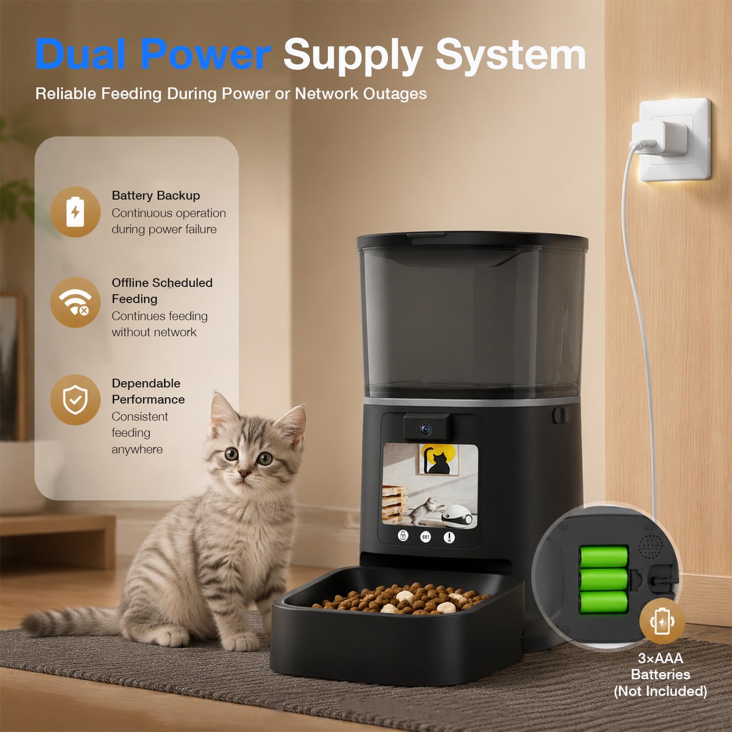 Distributore Automatico per Gatti con Telecamera 5L WiFi e App (Nero） | Videochiamata bidirezionale, audio a due vie, acquisizione AI, pasti programmati e visione notturna per cani e gatti