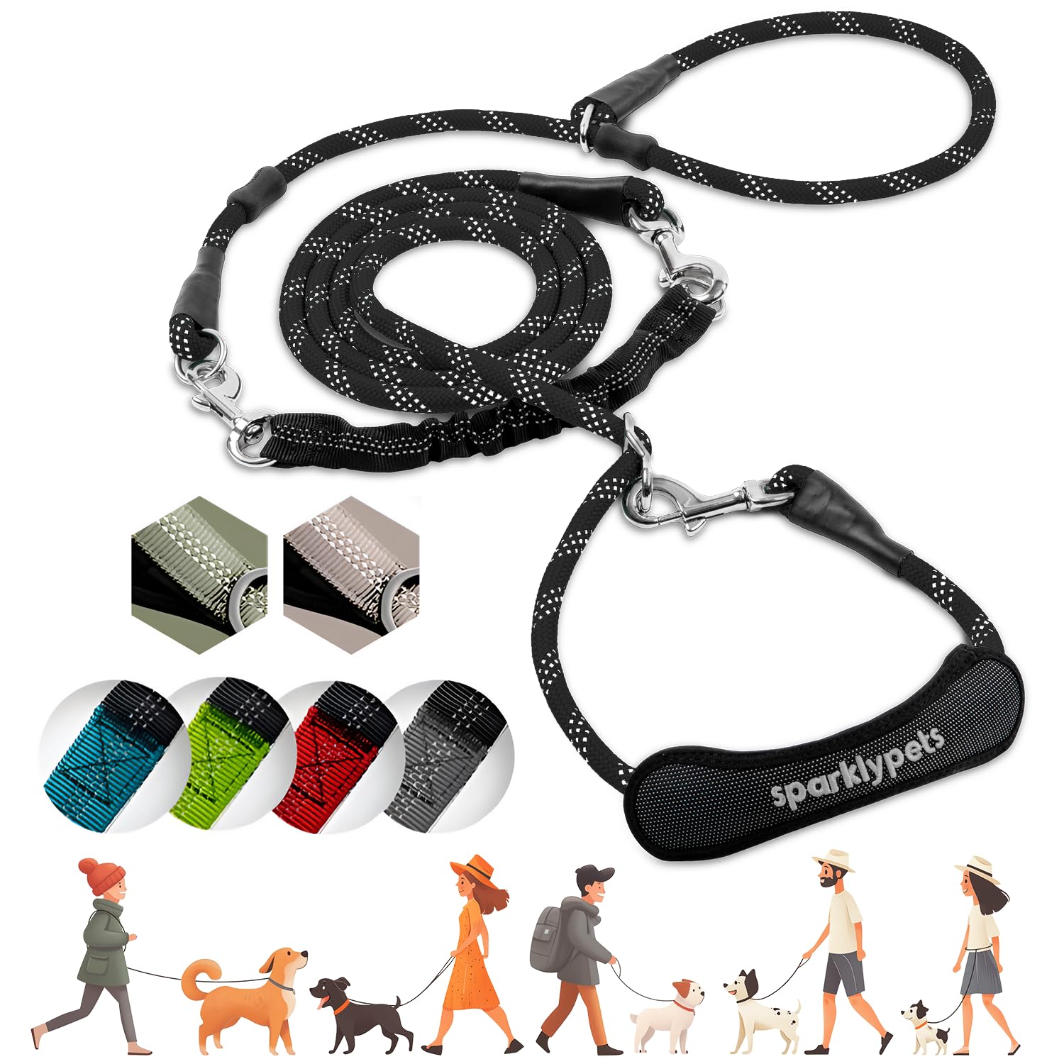 SparklyPets Multifunctional Bungee Hands Free Leash with Detachable Slip Lead – Crossbody & Waist Leash for Dog Walking, Medium & Large Breeds (Black)