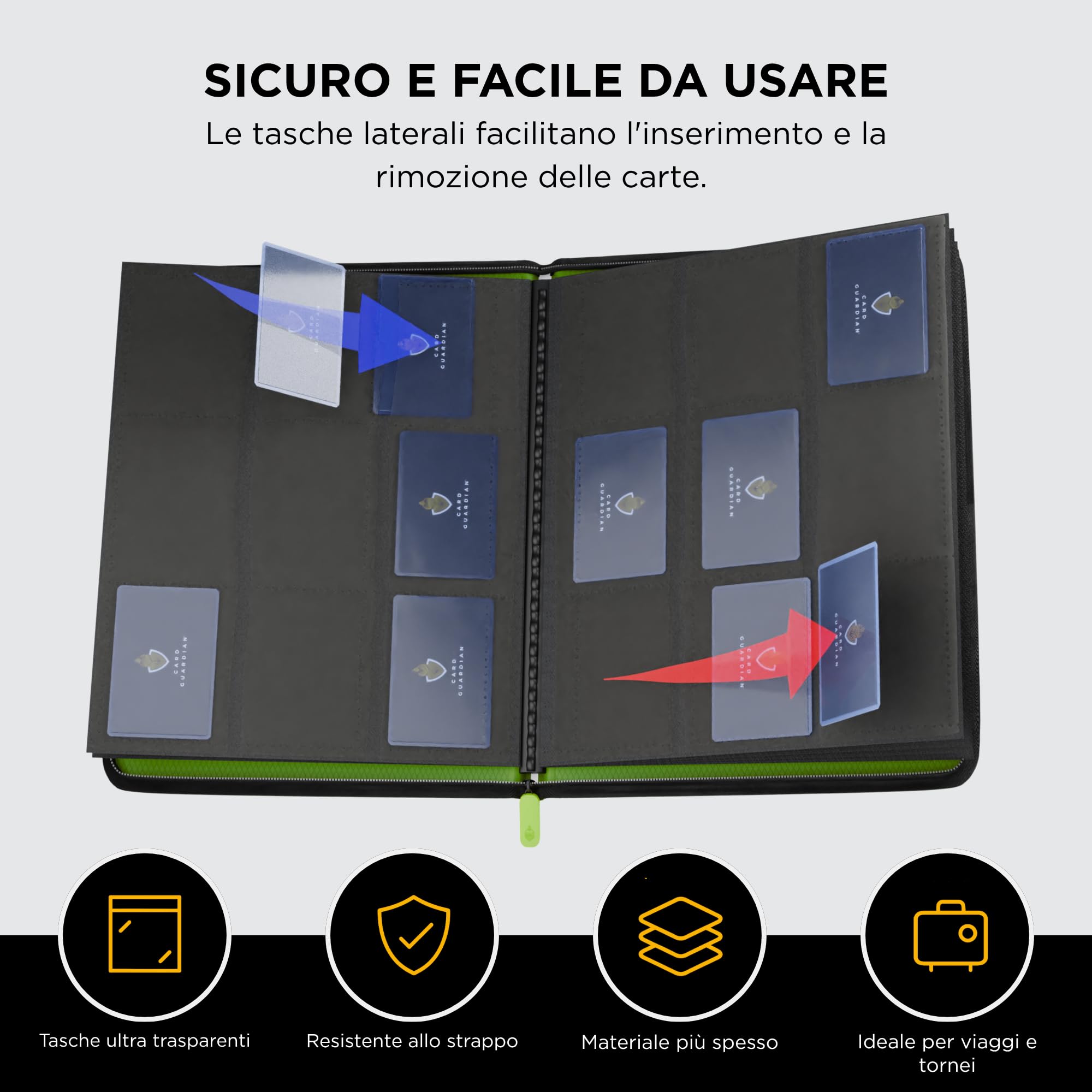 Card Guardian - Raccoglitore Premium 9 tasche con cerniera per 360 carte - Tasche di caricamento laterali per giochi di carte collezionabili TCG (Verde Lime)