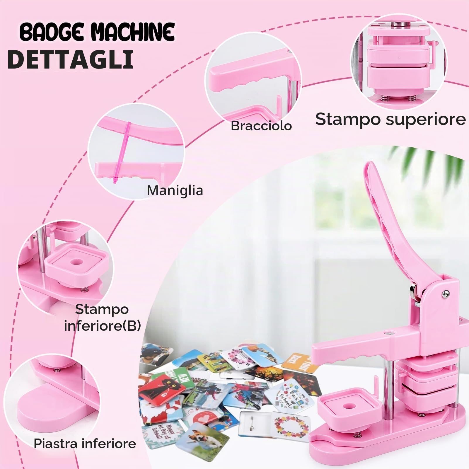Button Maker Machine, 50 mm quadrato fai da te frigorifero Badge Maker personalizzato stampa kit con 100 pezzi di bottoni per regali Pin Maker, rosa