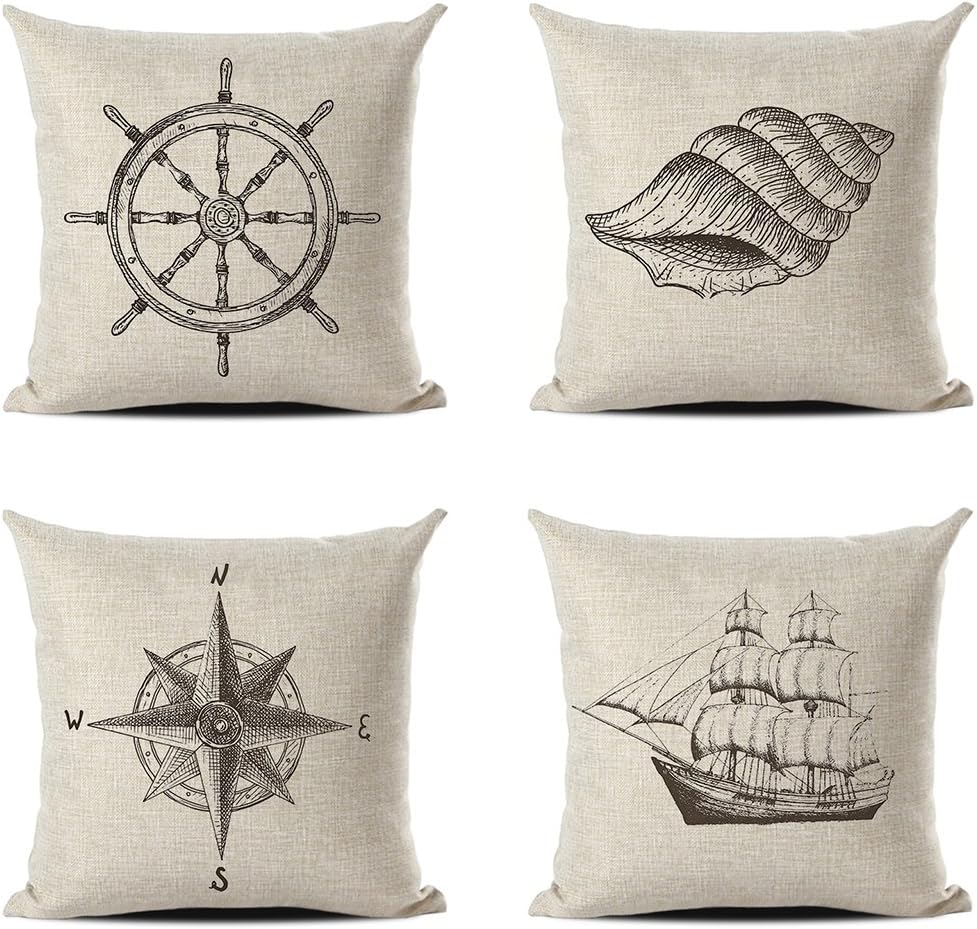 Retro Classic Stylish Nautical Decorative Pillowcases Set of 4 Throw Pillow Covers 18" x 18"