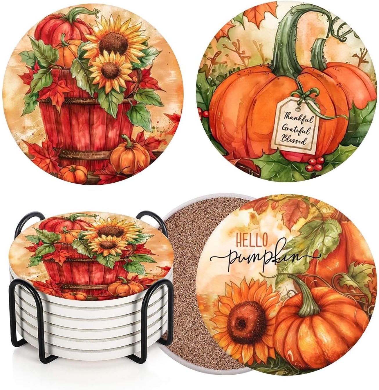 Fall Coasters for Drinks, Set of 6 Ceramic Stone Sunflower