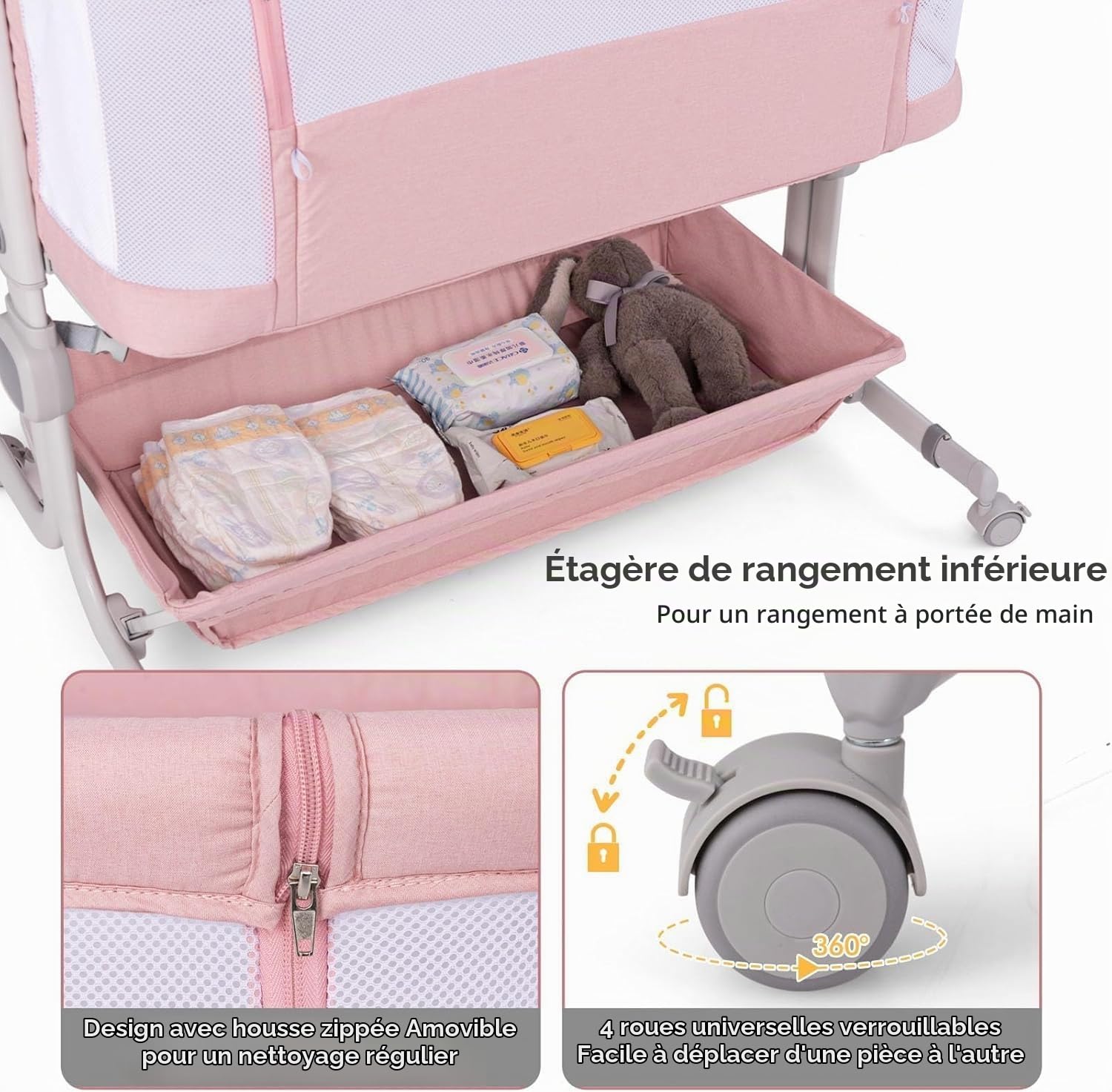 LIFEZEAL Lit Cododo bébé avec Matelas, Hauteur Réglable à 6 Niveaux, Lit d’Appoint Bebe Evolutif à roulettes, Lit de Voyage Pliable avec Sac, Panier de Rangement, 0-6 Mois, Charge 9 kg (Rose)