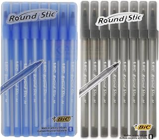 Bic Round Stic Medium 1.0mm Ball Pen Pack of 8 Black & 8 Blue (Total 16 Pens)