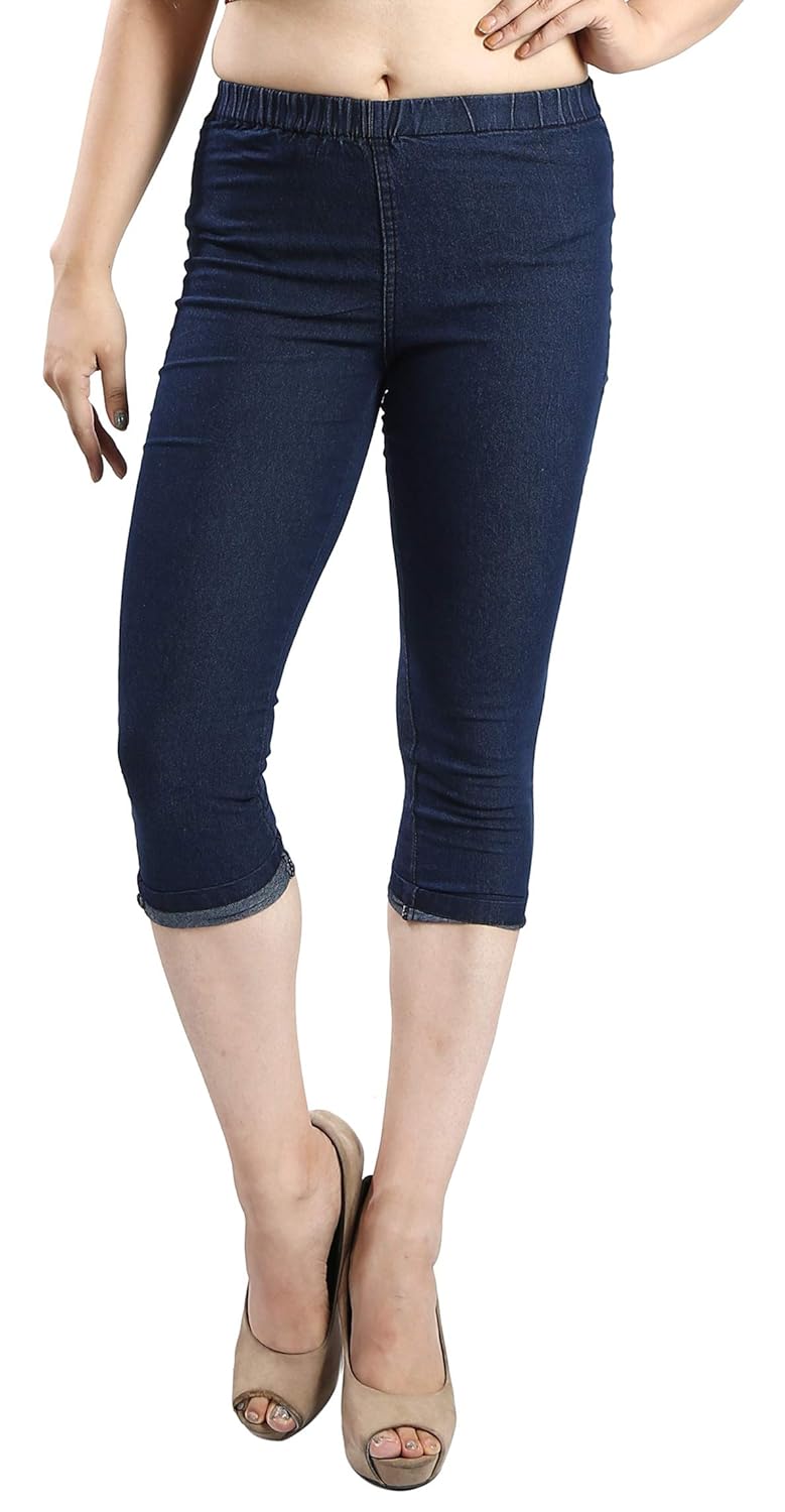 FCK-3 Silky Stretchable Denim Slim Fit Mid Rise Elasticated Capri Pants for Women – Comfortable & Stylish Stretch Jeans