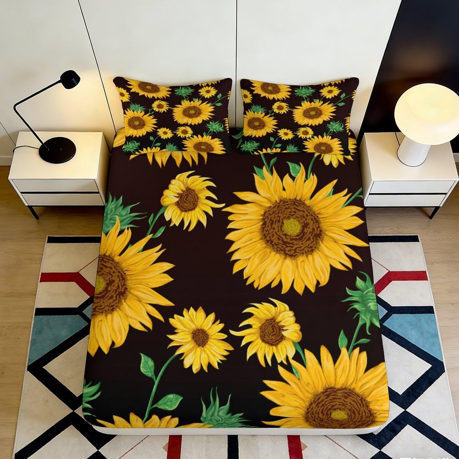 3D Printed Sunflower Blossoms Fitted Sheet Microfiber Soft Yellow Floral Bed Cover for Bedroom Guestroom Decor 90x200x25cm
