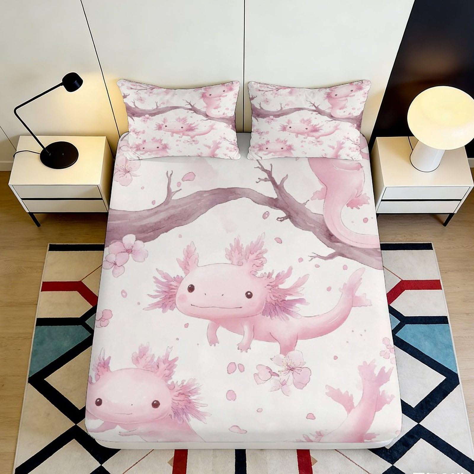 3D Printed Pink Axolotl Fitted Sheet Microfiber Soft Cartoon Tree Mattress Cover Bedroom Decor Protector 90x200x25cm