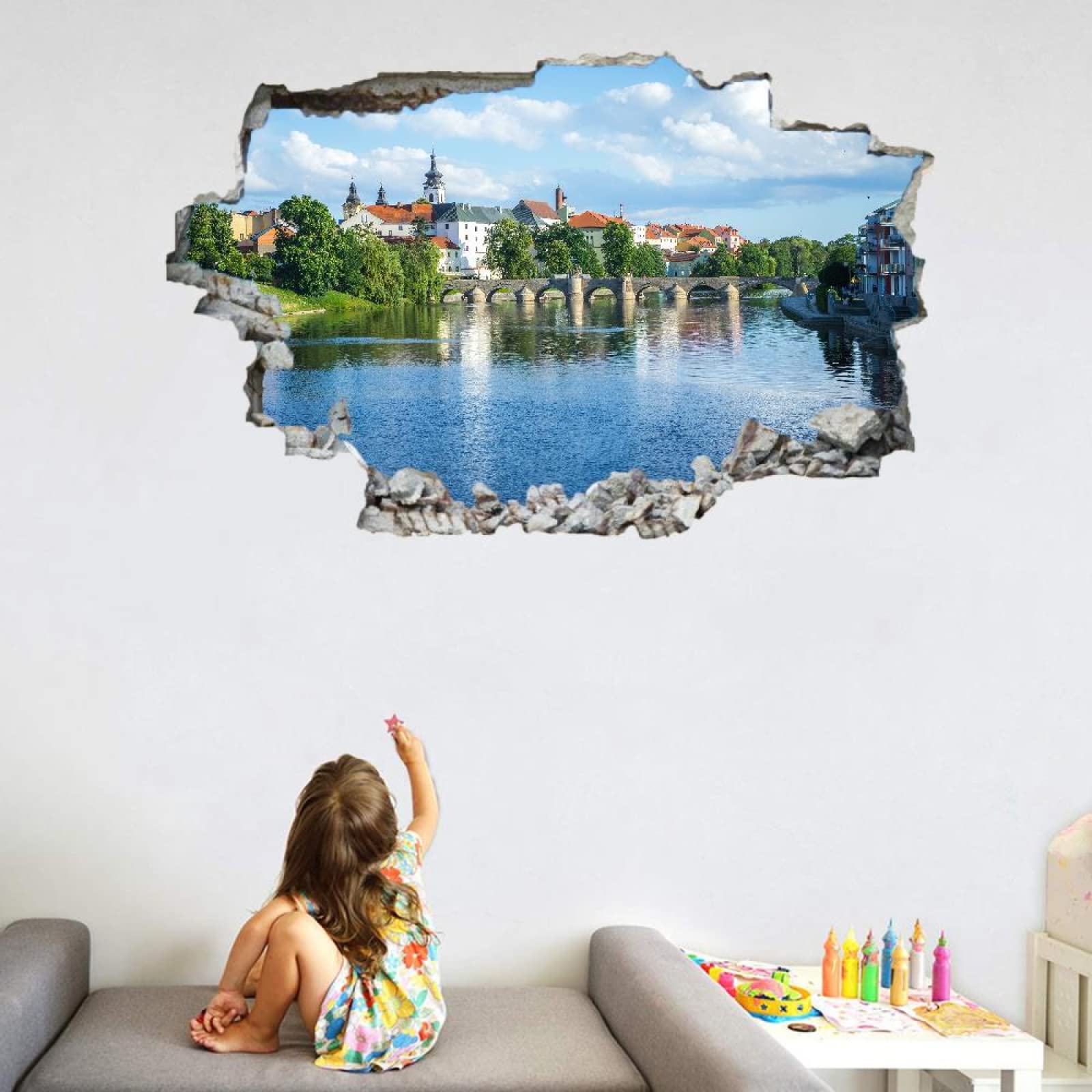 Edificios De La Ciudad Vinilos Decorativos Arte 3D Roto Puente Pegatinas De Pared Removibles Río Mural De Pared De Vinilo Autoadhesivo Para Dormitorio De Niñas, Niños, Decoración Del Hogar, Regalo