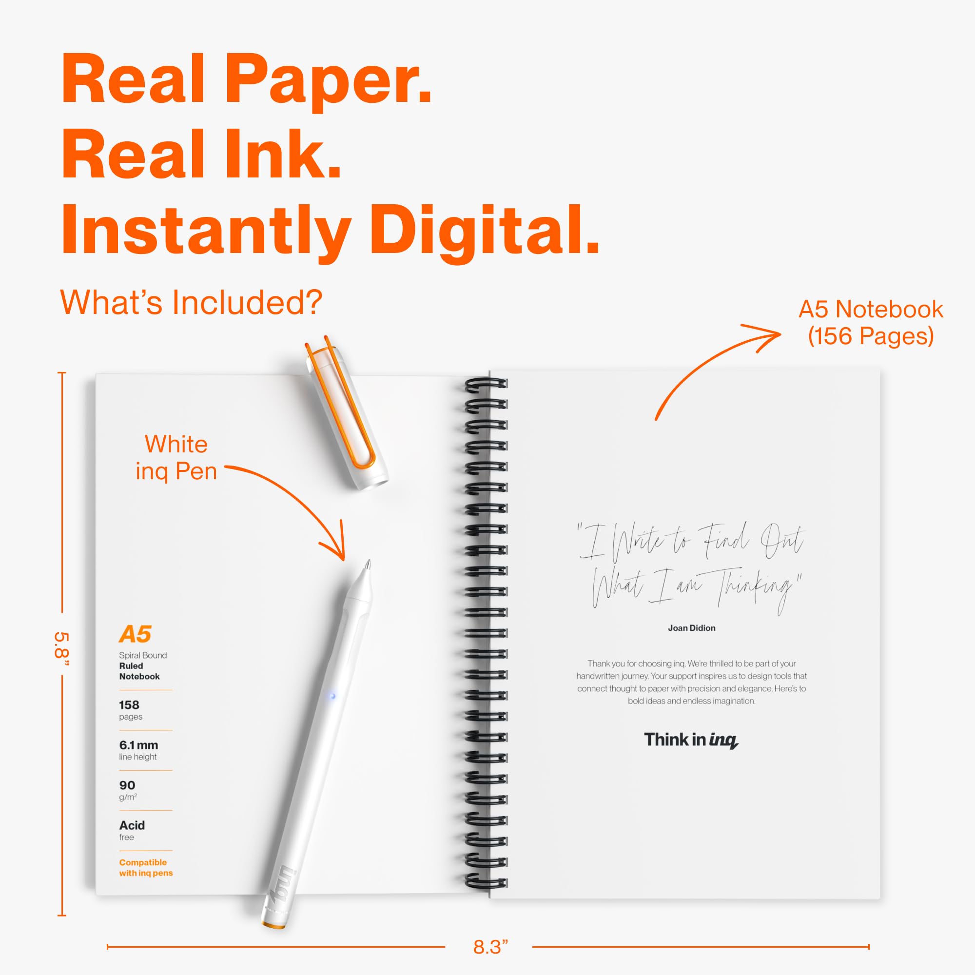 inq Smart Writing Set – Converte la scrittura a mano in testo – Inchiostro reale su carta reale – AI prendere appunti, registrazione vocale e trascrizione – per iPhone & Android – Smart Pen & Notebook