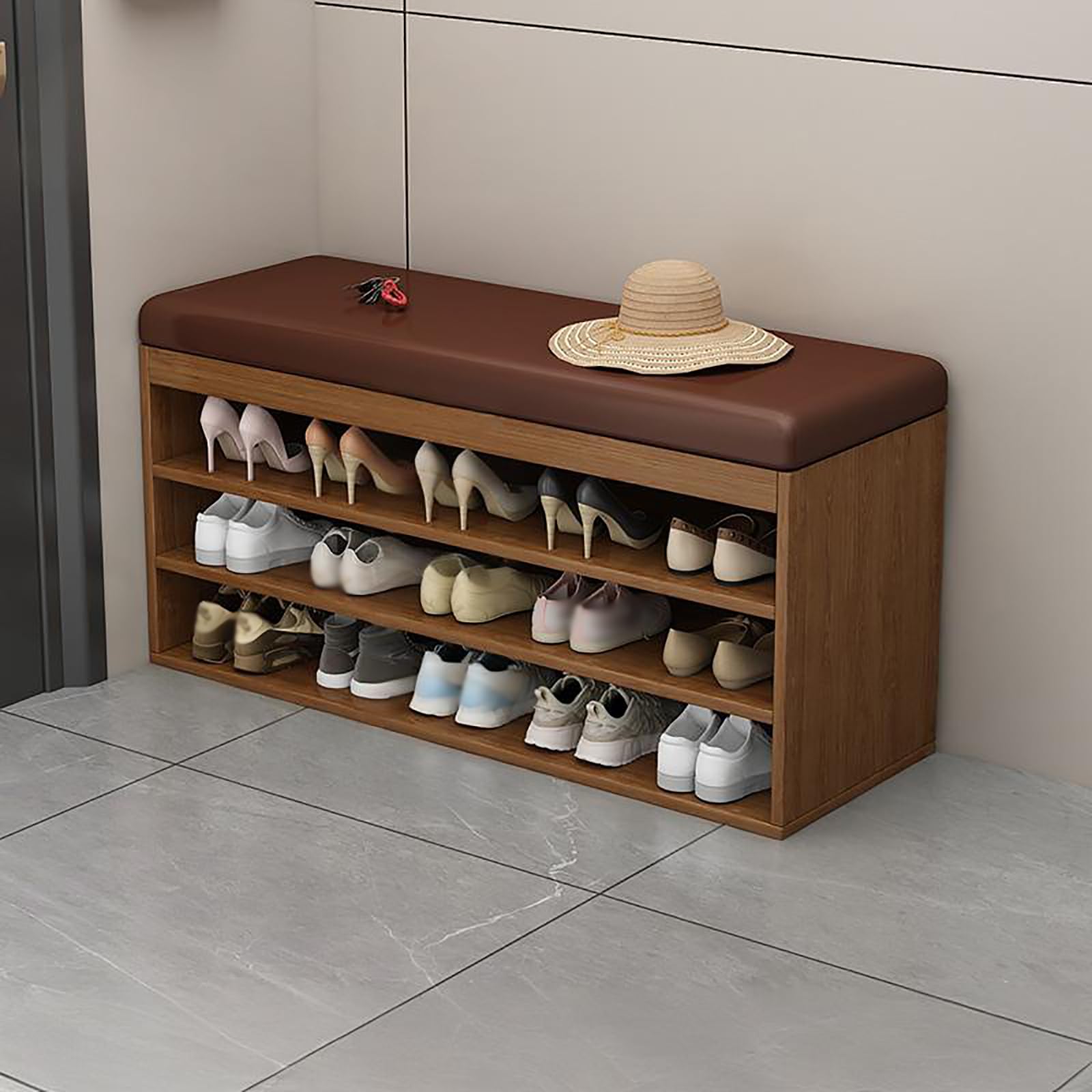 MSHGSKU Multifunctional Coffee Bench Shoe Rack 3 Layer Storage Ottoman for Entryway Living Room Hallway Open Toe Footrest & Shoe (120cm Coffee Brown)