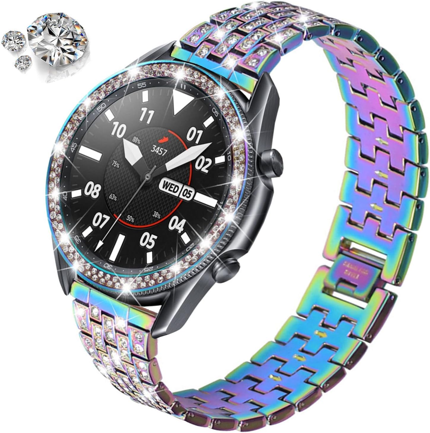 Bands Compatible with Samsung Galaxy Watch 3 (45mm), 22mm Full Rhinestone Diamond Stainless Metal Strap with Bezel Ring Cover Replacement for Women Men (Rainbow) - Image 2